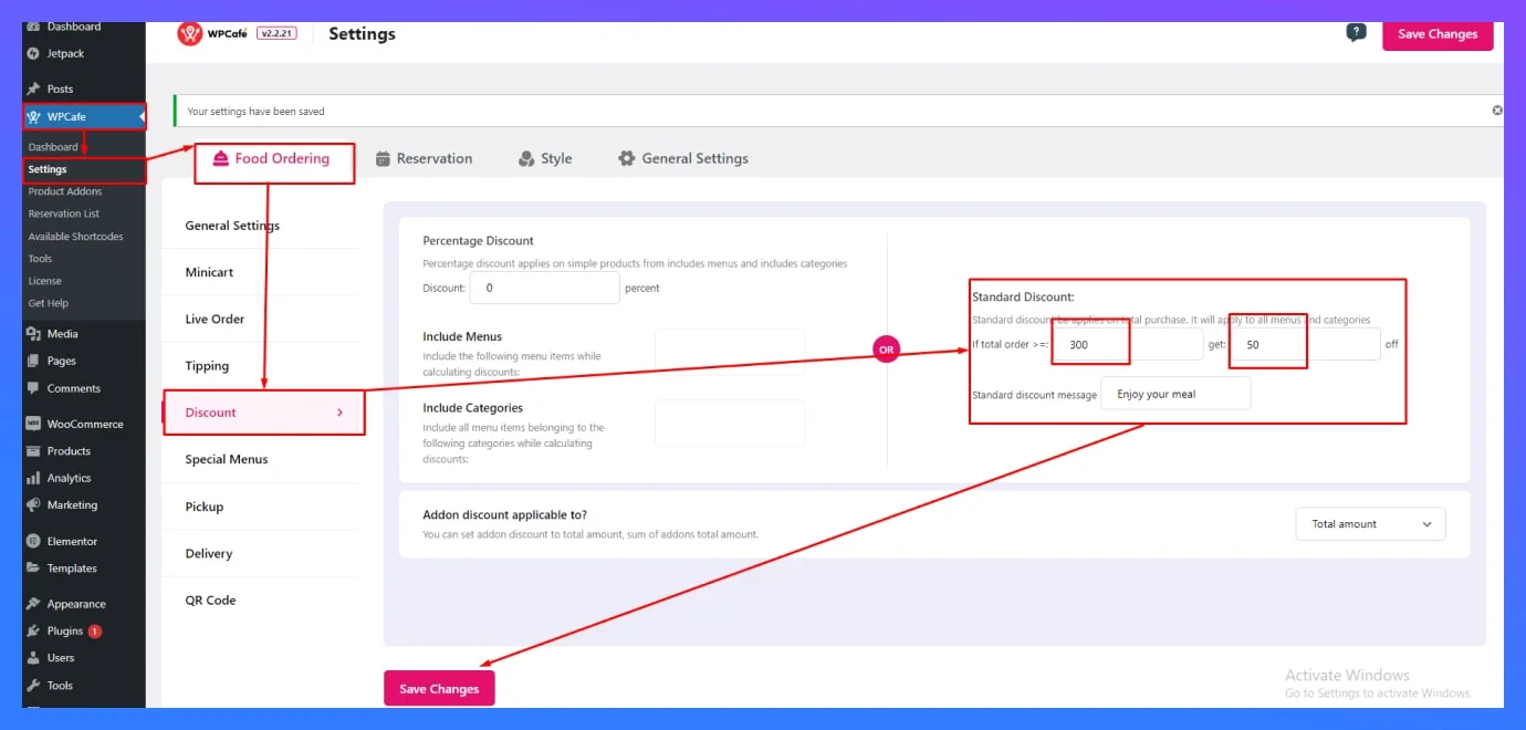 Standard discount features in wpcafe for wooCommerce  food menu