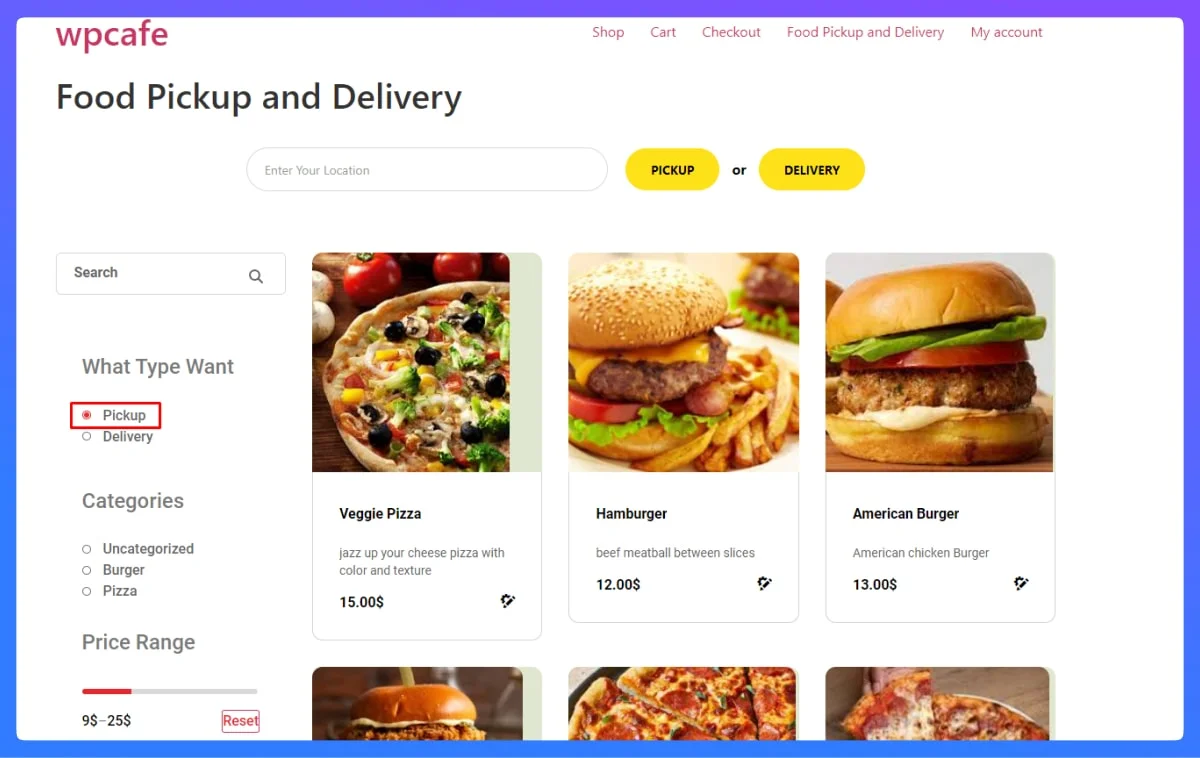 pick up and delivery in frontend view