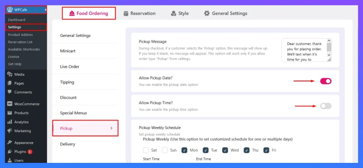 how to enable Schedule Food Pickup 