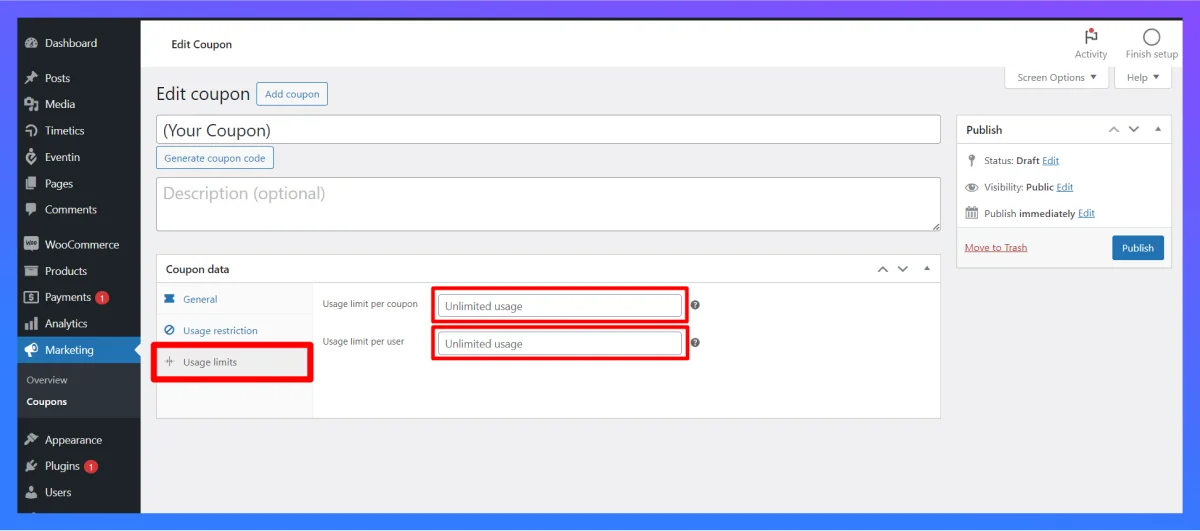 set woocommerce coupon code limits