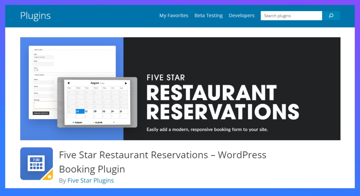 Five Star Restaurant Reservations plugin