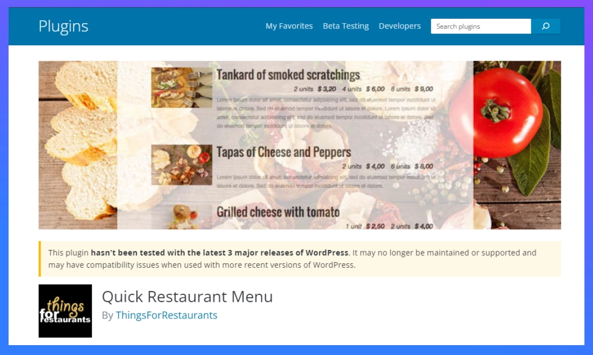 Quick Restaurant Menu plugin