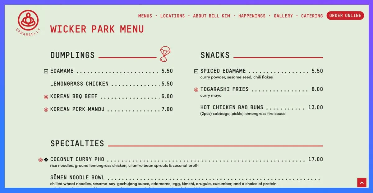 urban belly dynamic menu