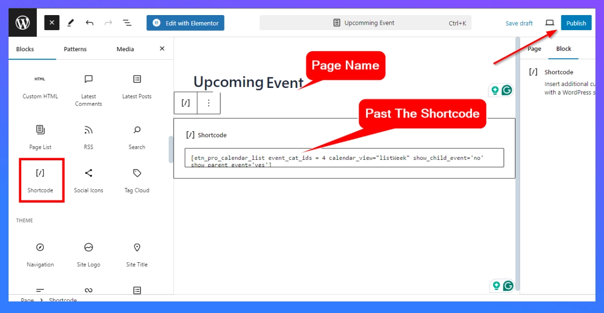 create event list page with shortcode