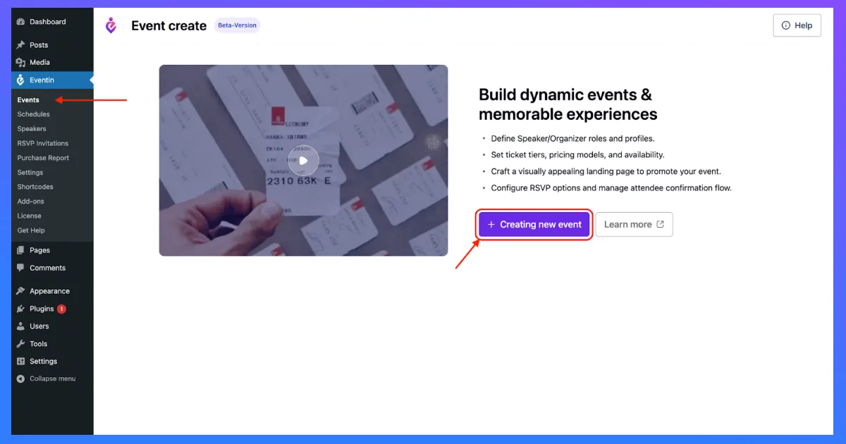 create new events in eventin