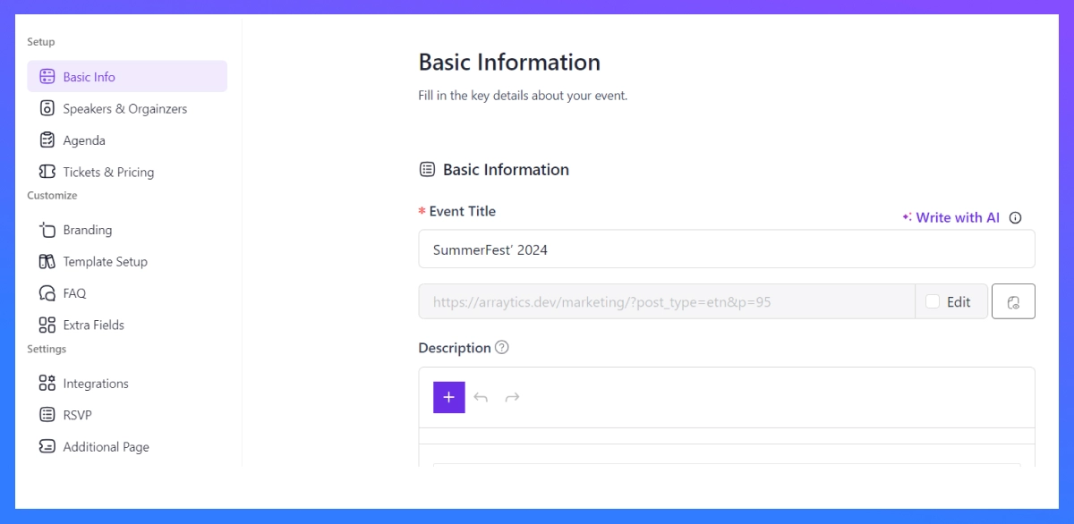 event setup page in eventin event management plugin