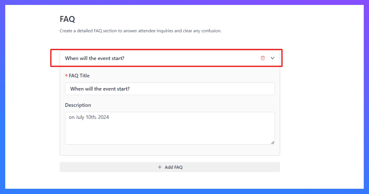 faq section in eventin event management plugin