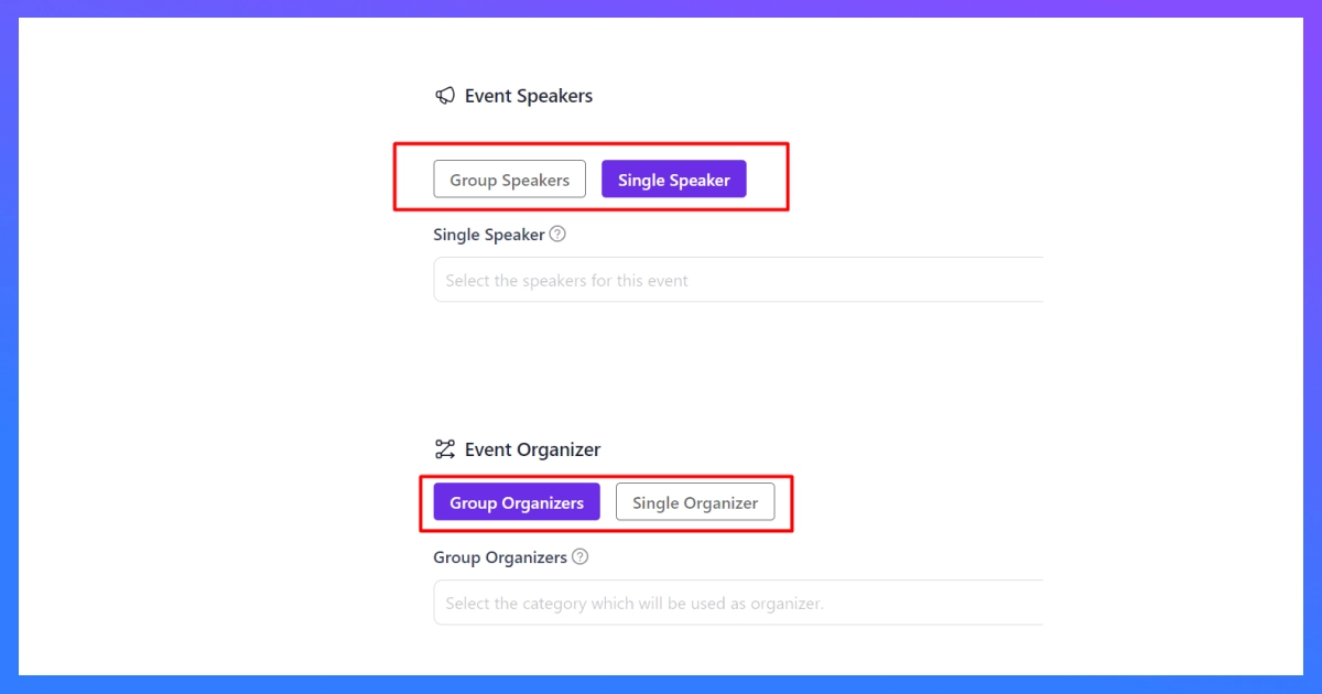 speakers organizers setup page in eventin event management plugin