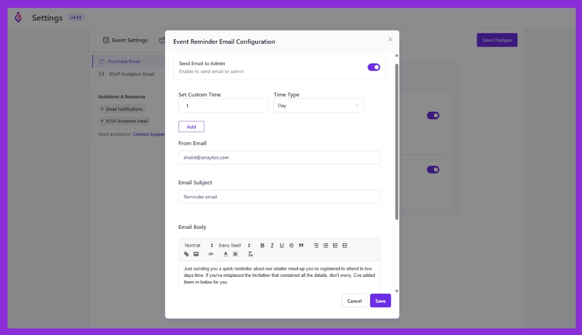Configuration Event Reminder Email