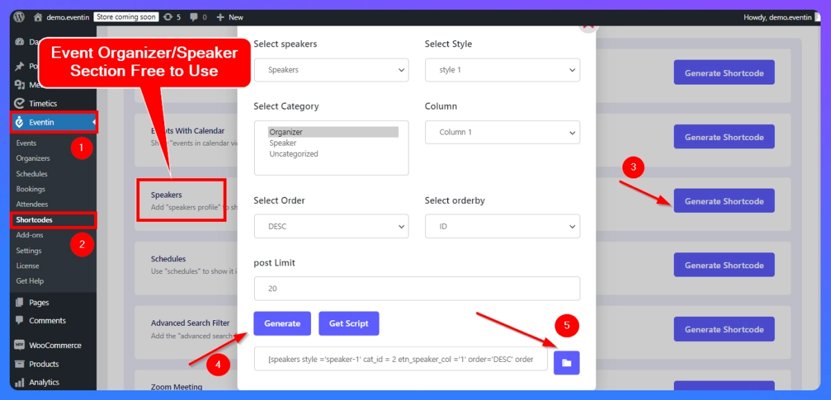 Eventin Speaker/Organizer Shortcode Create and Implement