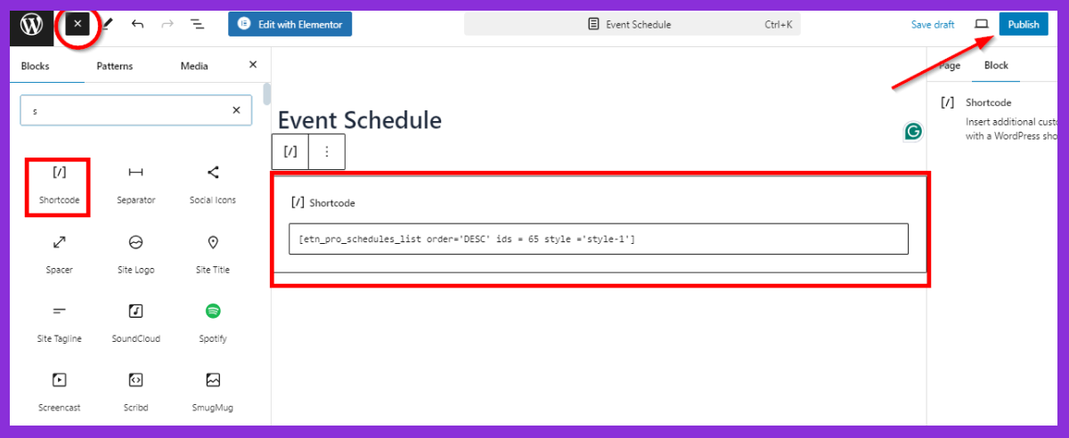 shortcode implementation for event schedule tab