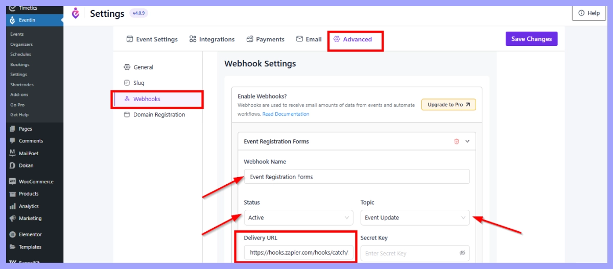 configure zapier webhook in eventin event management plugin