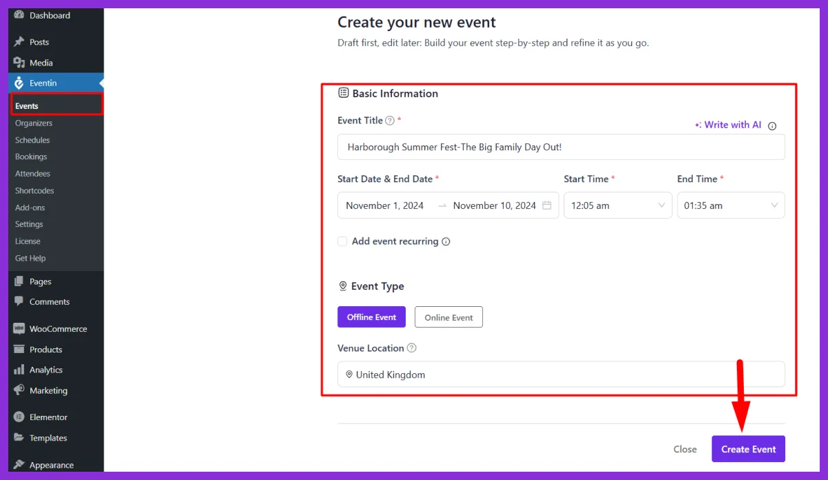 create new event with eventin