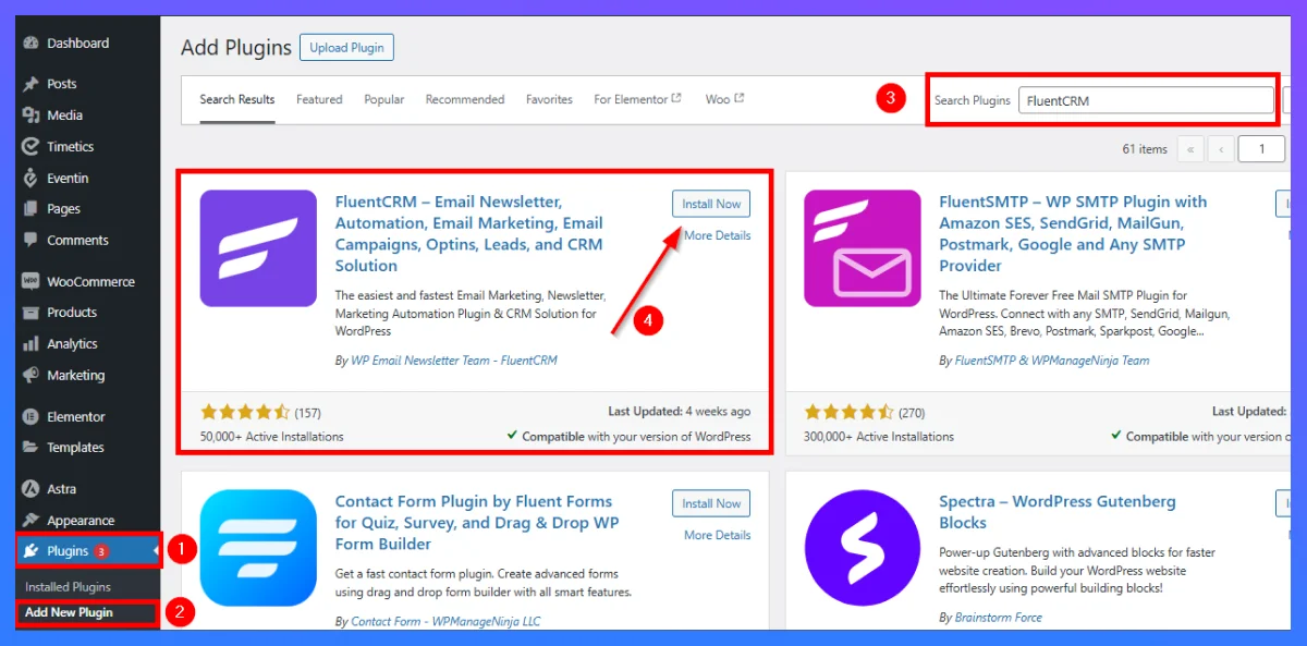 install and activate fluentcrm