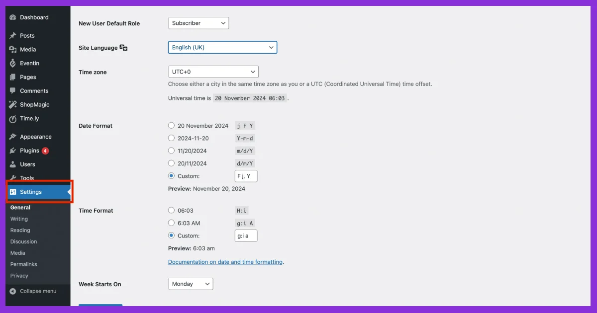 wordpress settings