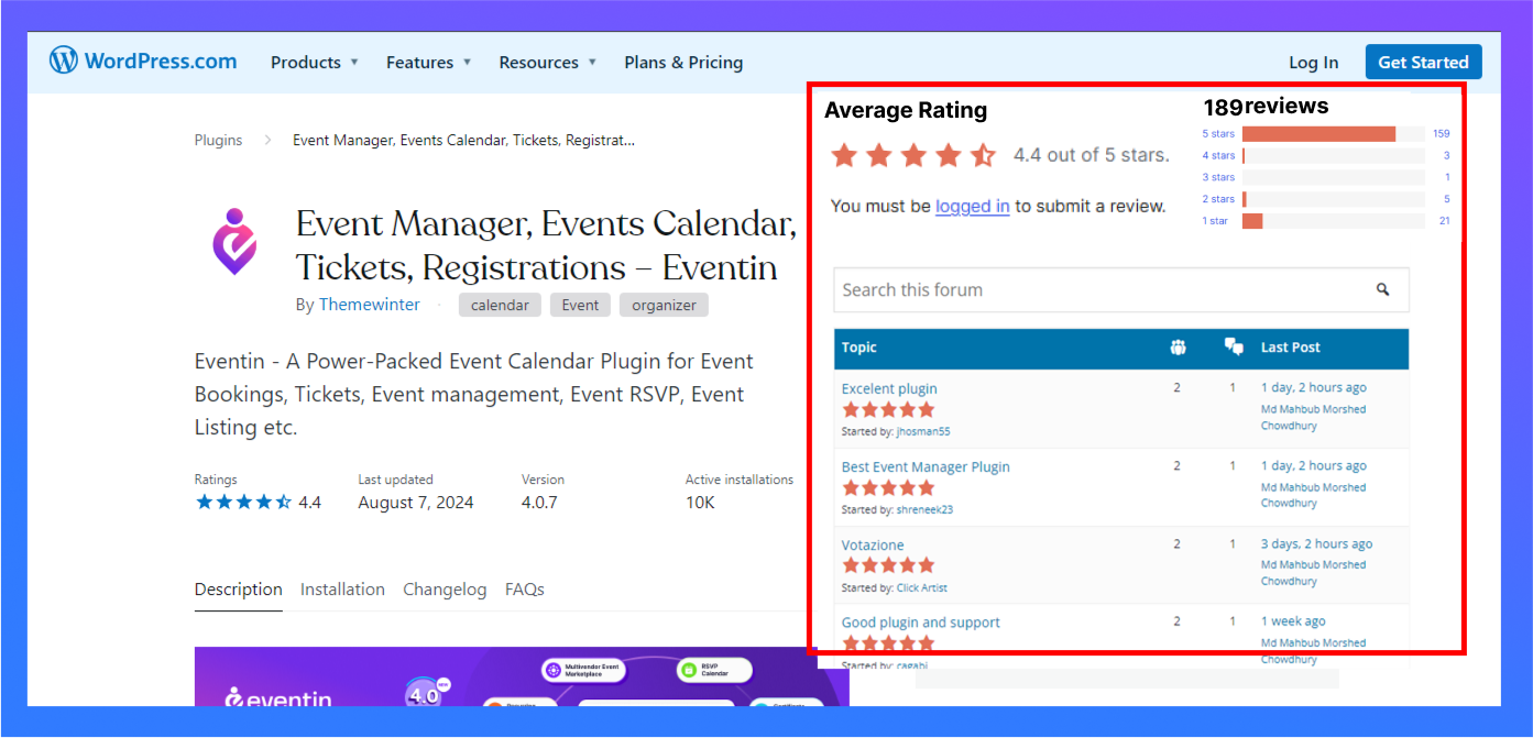 Eventin User Review on WordPress Org