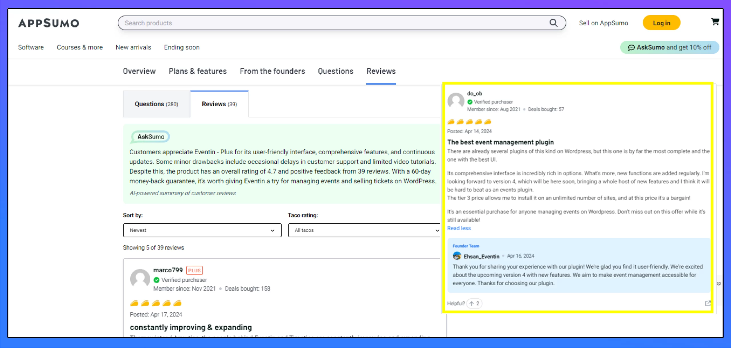 Eventin User Review on AppSumo