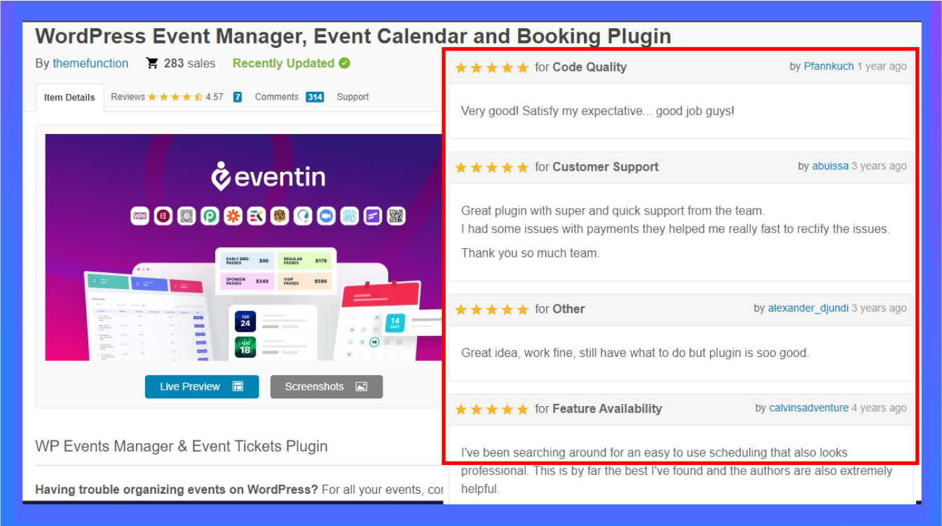 Eventin User Review on Codecanyon (Envato market)