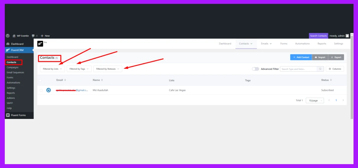 check the contact list on fluentcrm