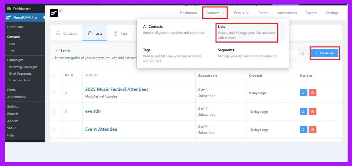 Create new contact list