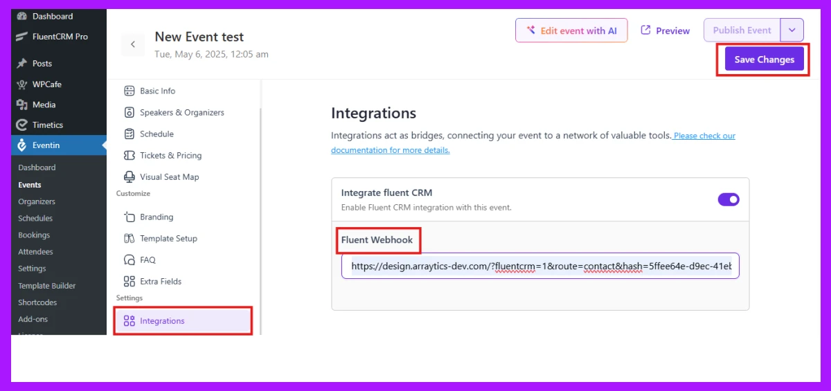 paste webhook and save changes