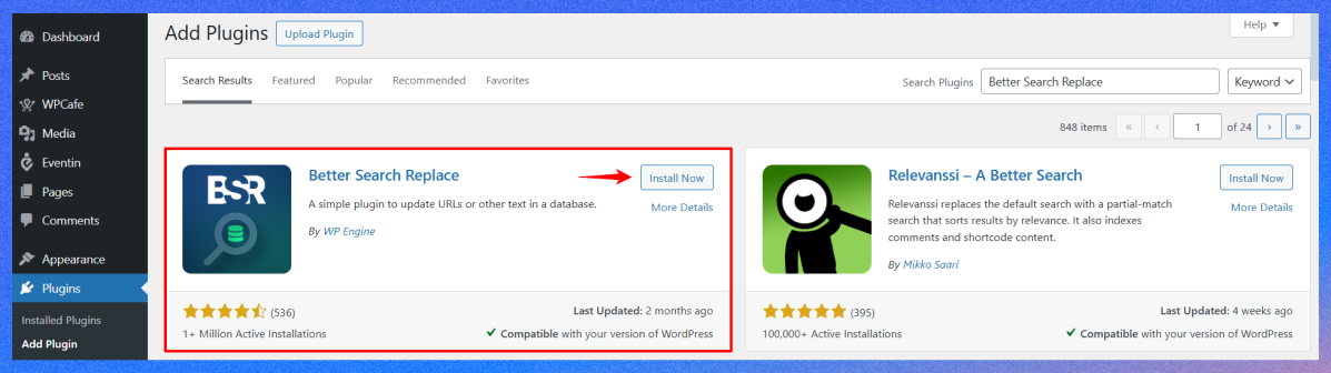 Install and activate the Better Search Replace plugin