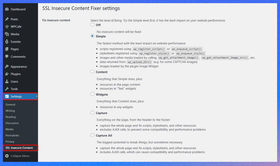 SSL Insecure Content settings