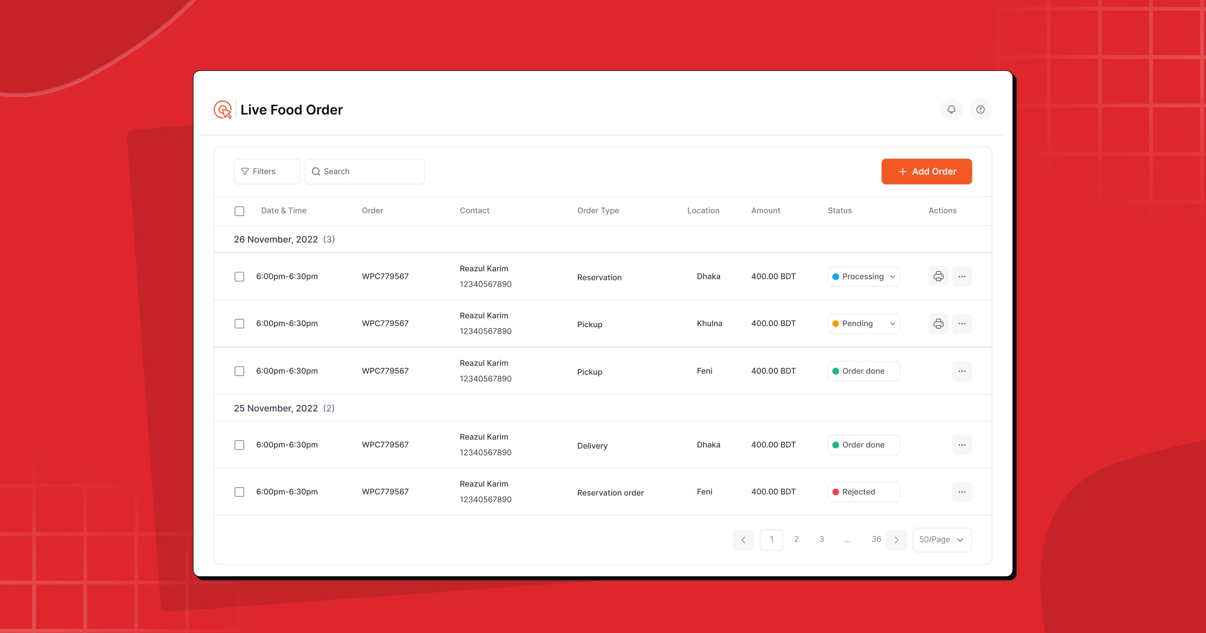 Separate real-time lists for food orders and reservations