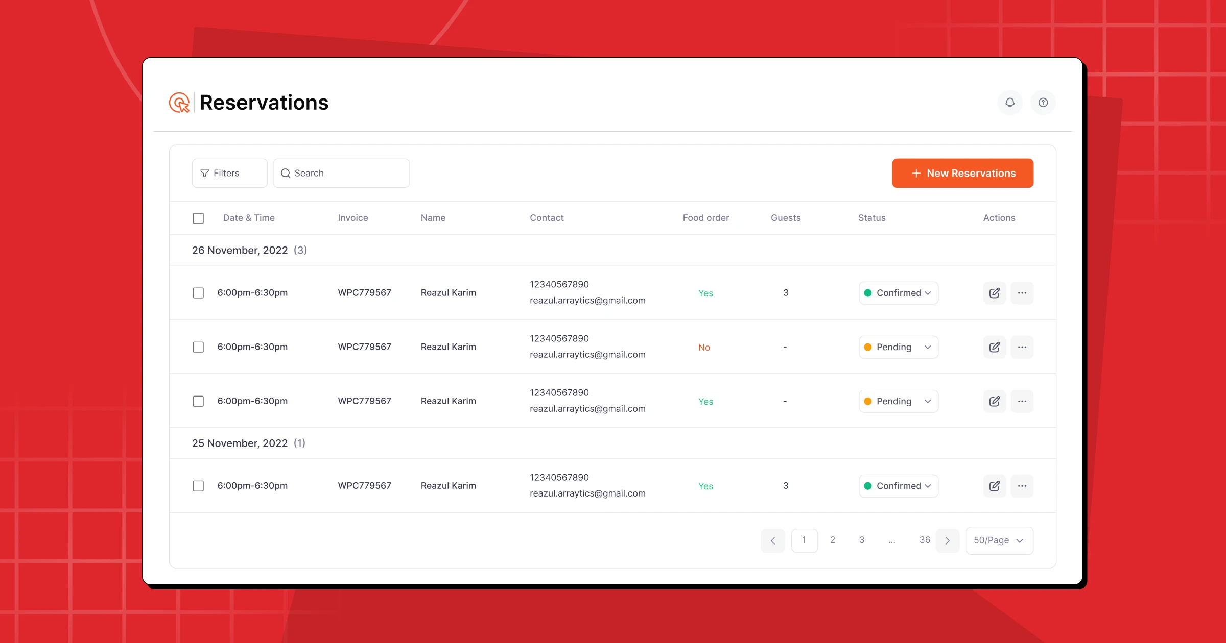 Separate real-time lists for food orders and reservations