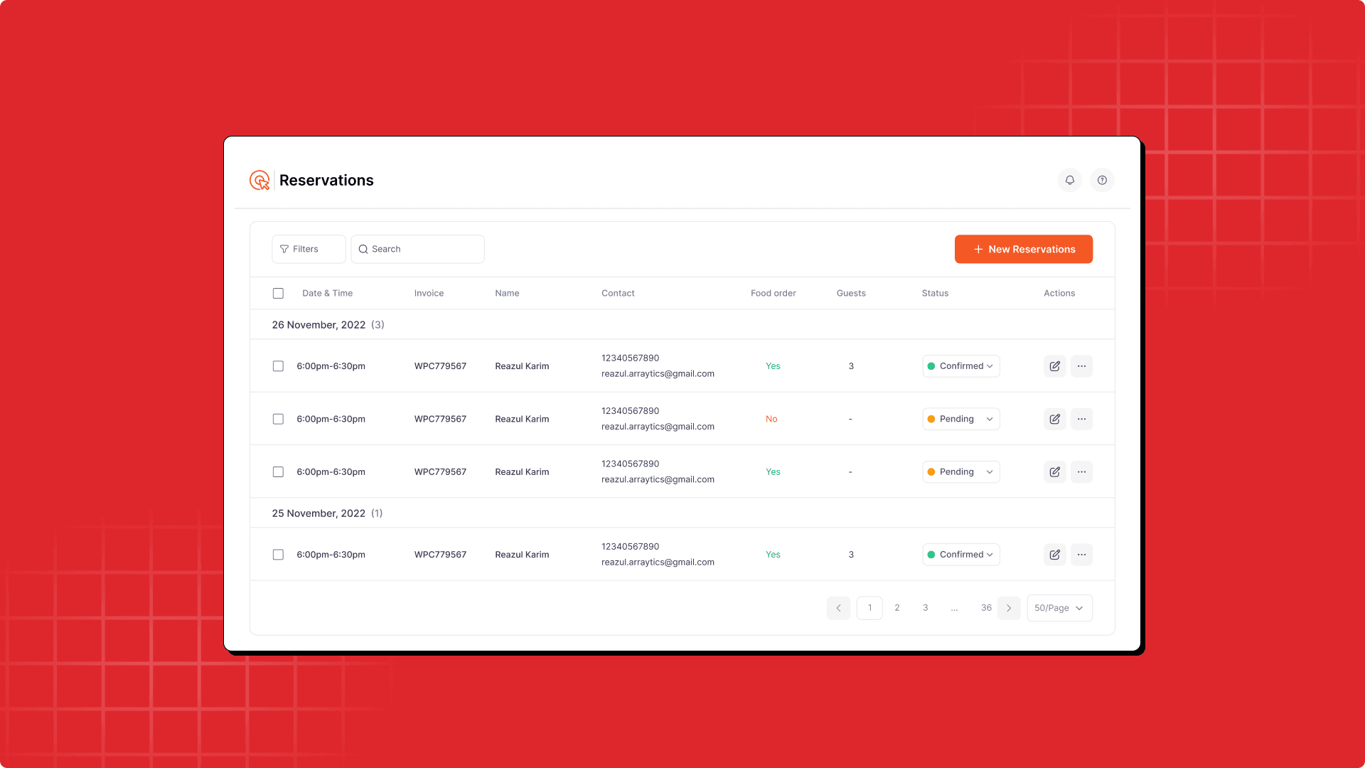 Separate real-time lists for food orders and reservations