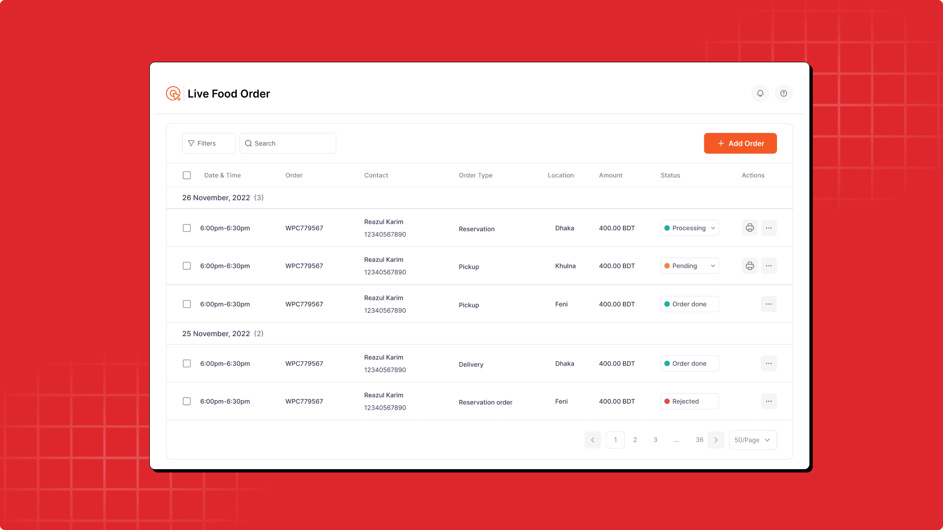 Separate real-time lists for food orders and reservations