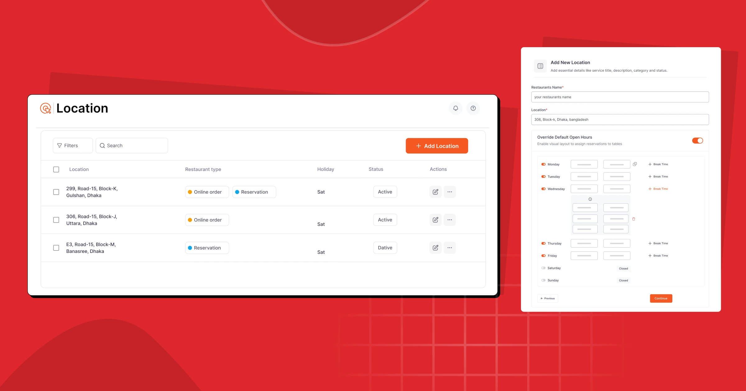 Multi-location support with delivery, pickup, and reservation management