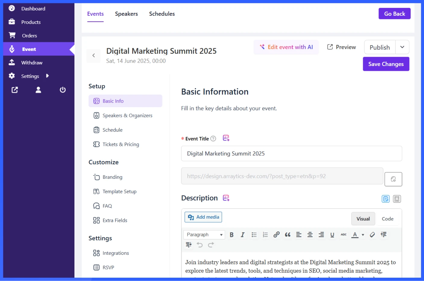 Event creation with schedules, speakers, and recurring support