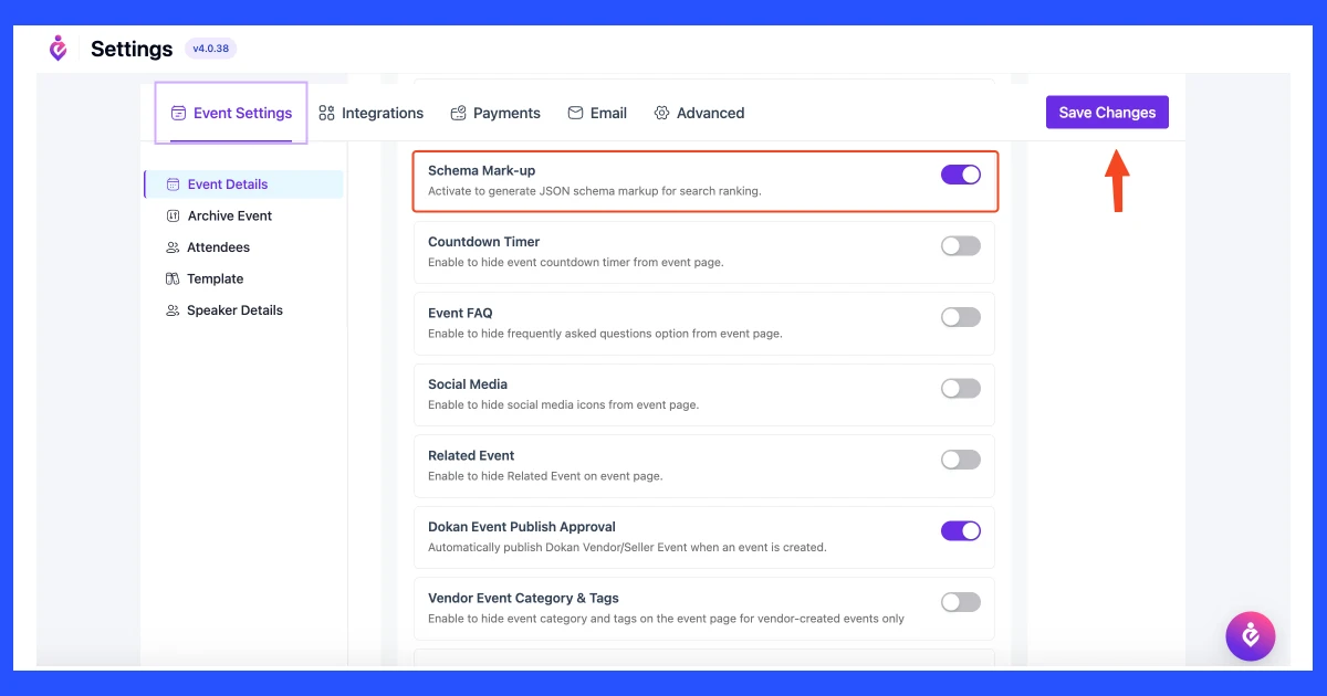 How to enable the schema markup in Eventin