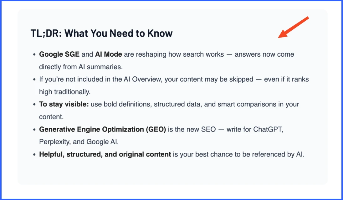 Add TL;DR summaries at the top (AIO + GEO)