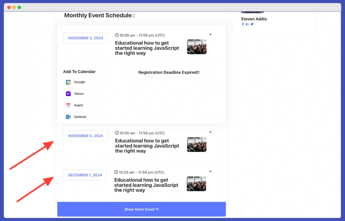 Add a strong internal link to related event pages 