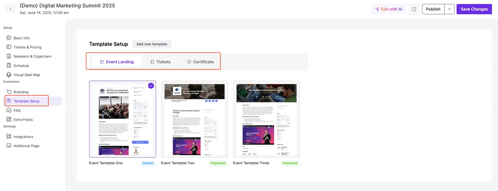 Assigning template to the events
