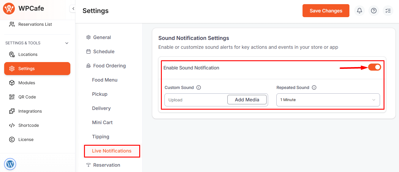 Enable Live Order Notifications in WPCafe