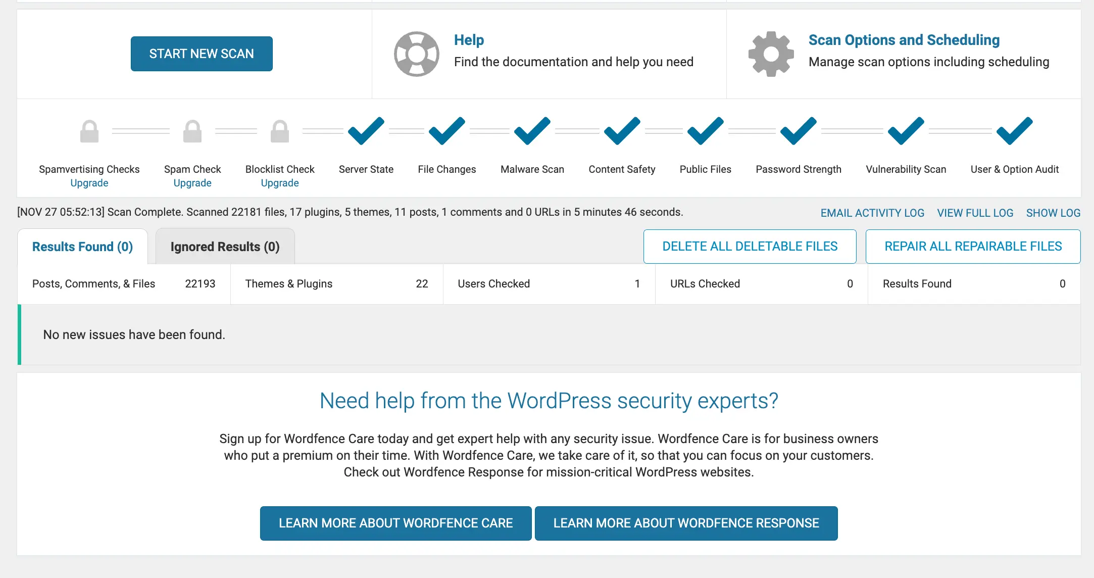 Security scanning done with WordFence