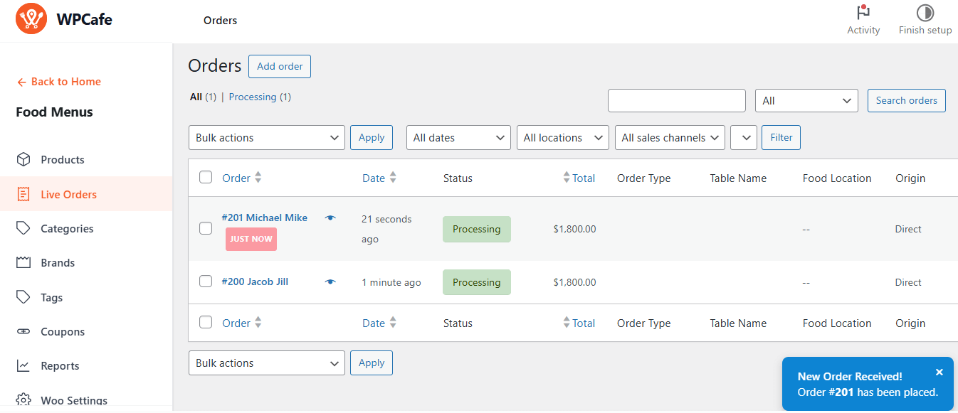 Live Order Notifications in WPCafe