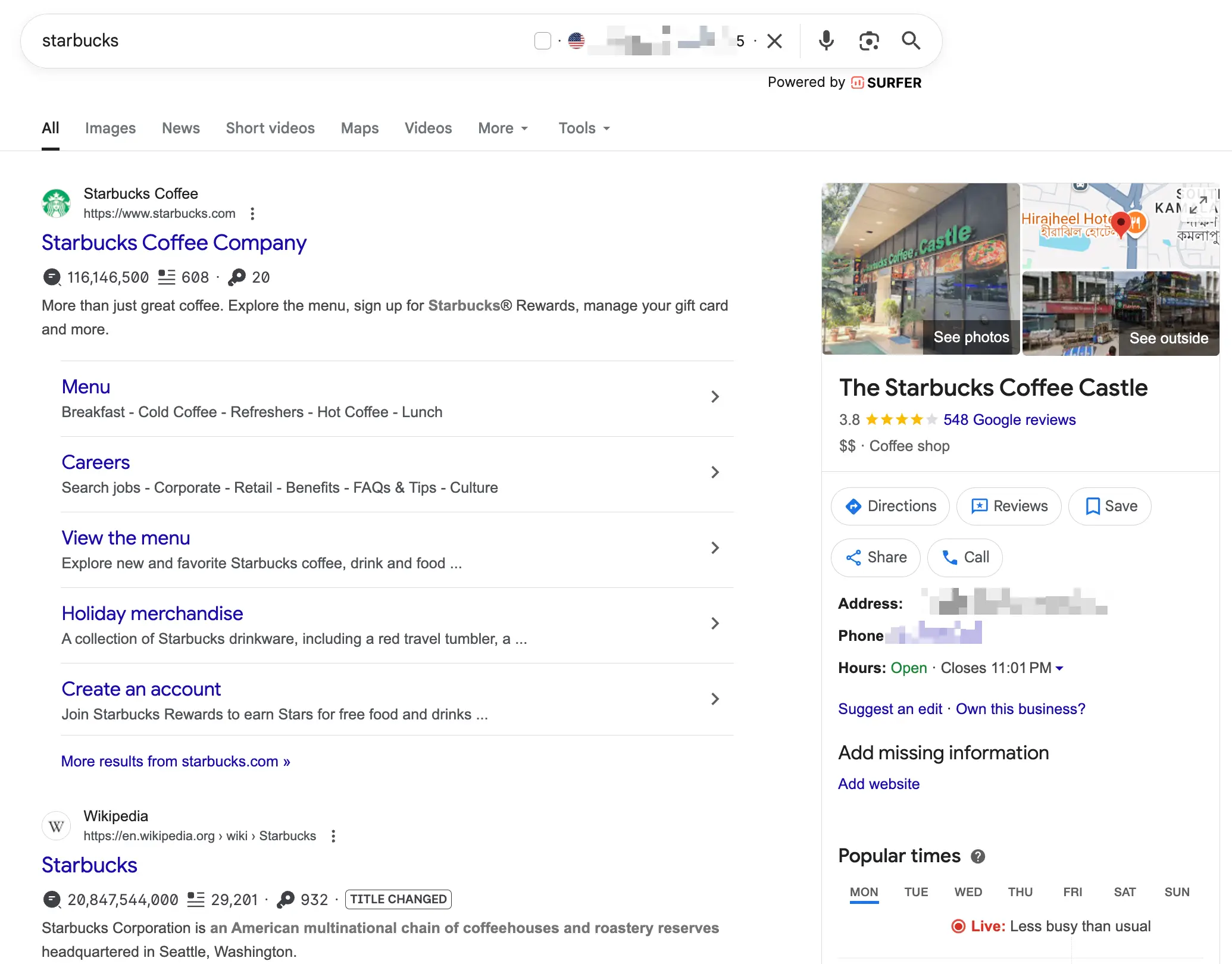 Google search for the restaurants