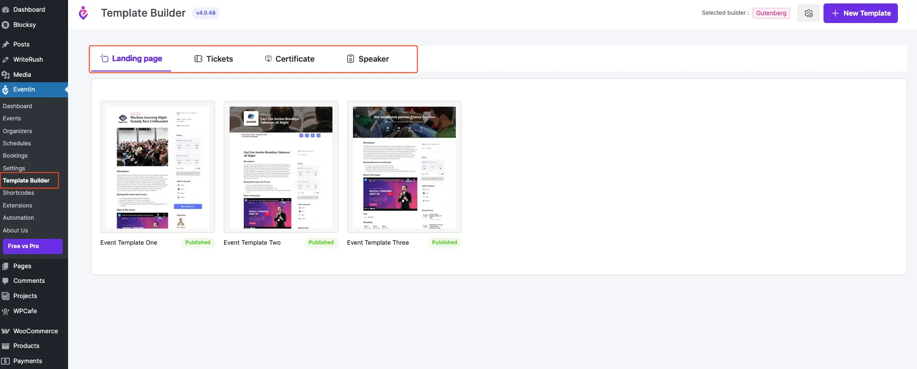 This is the overview page of the template builder