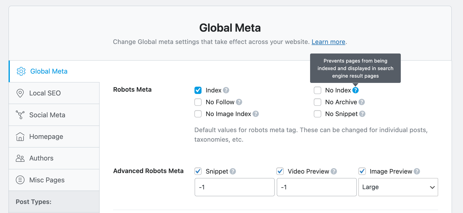 Check for noindex tags
