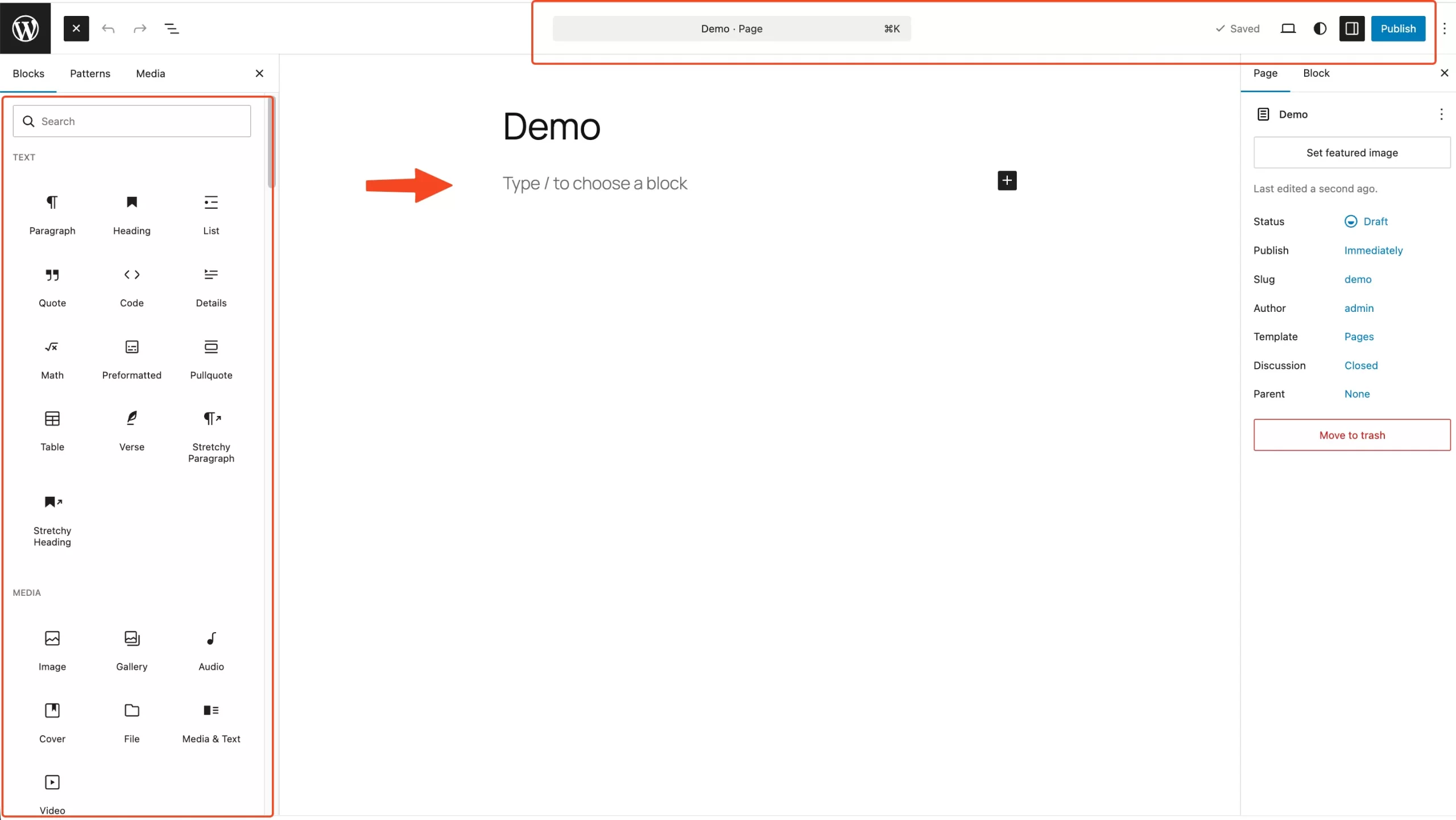 Editing canvas of the block editor