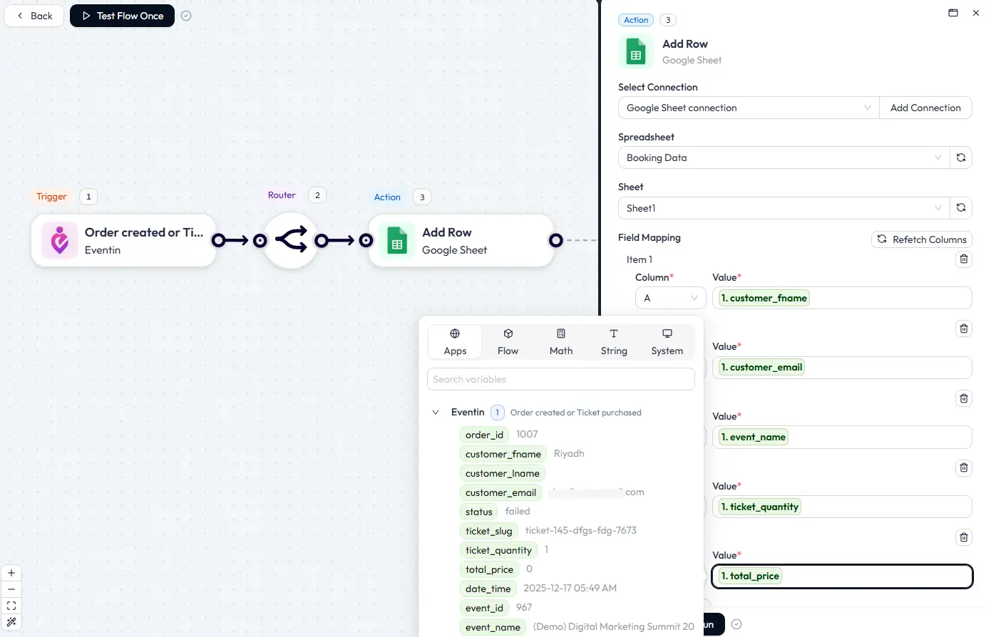 Map Eventin fields with Google Sheets.