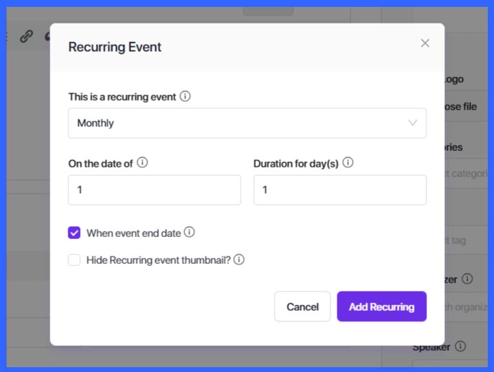 Choose recurring event settings