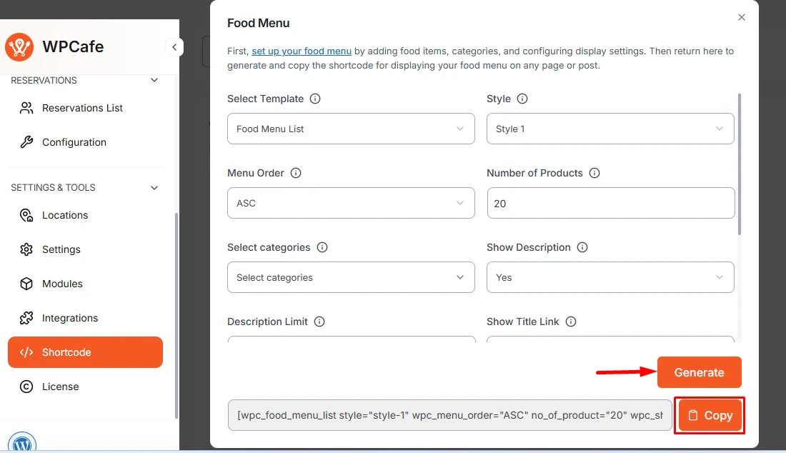 Add Food Menu with Shortcode