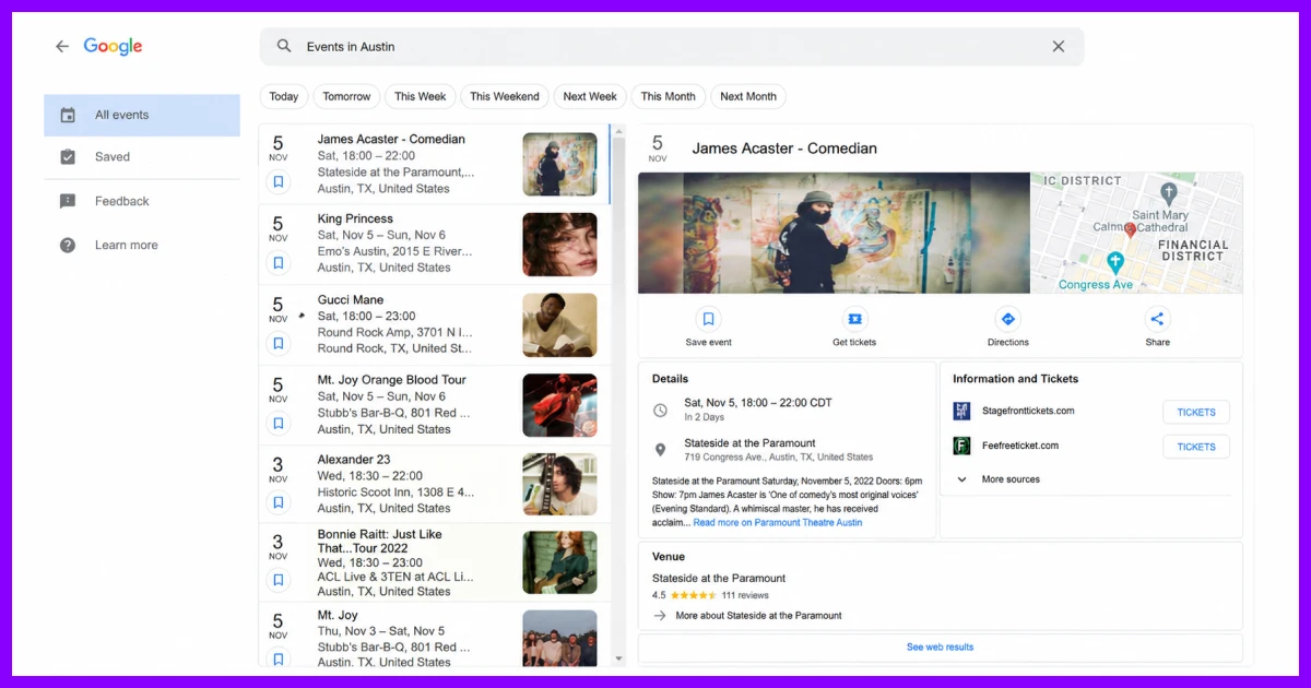 Google Event Rich Result. Google Events platform showing local event listings, event details, venue information, and ticket links.