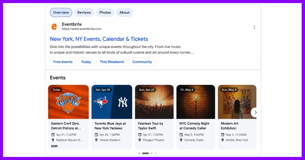 Google Events carousel showing event listings with dates, locations, and ticket details in search results.