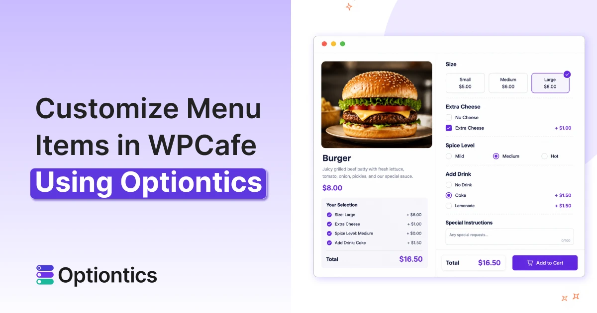 customize menu items in WP Cafe using Optiontics